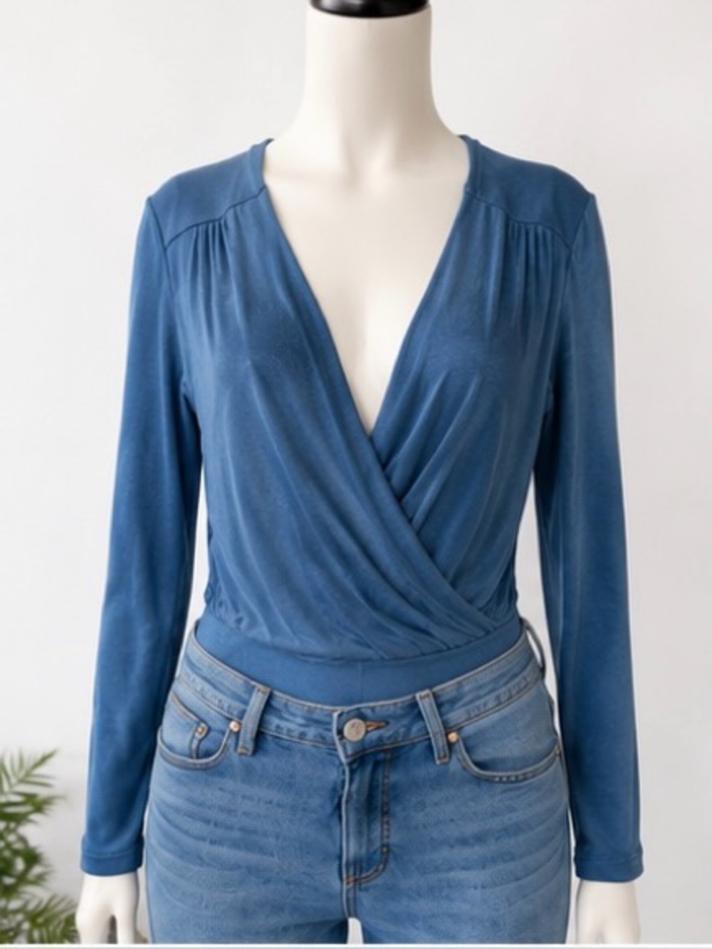 Free People Intimately Blue Long Sleeve Surplice Wrap Bodysuit Size XL